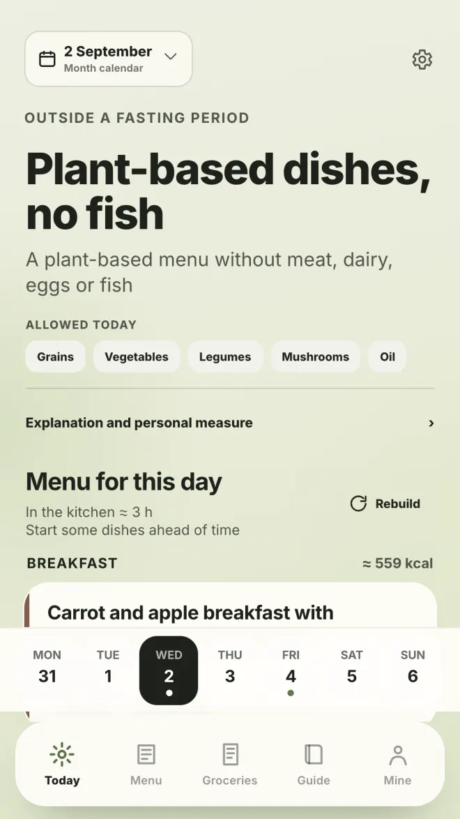 Pist home screen: today’s rule and menu