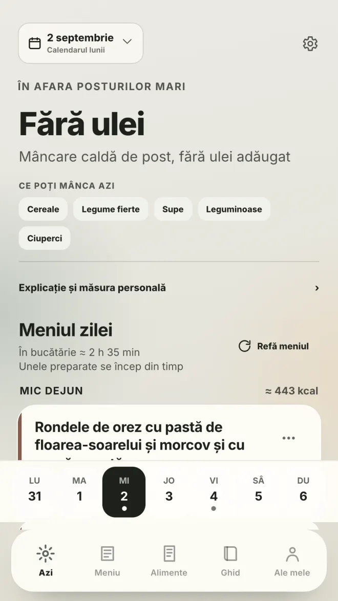 Ecranul principal al aplicației Pist: rânduiala zilei și meniul