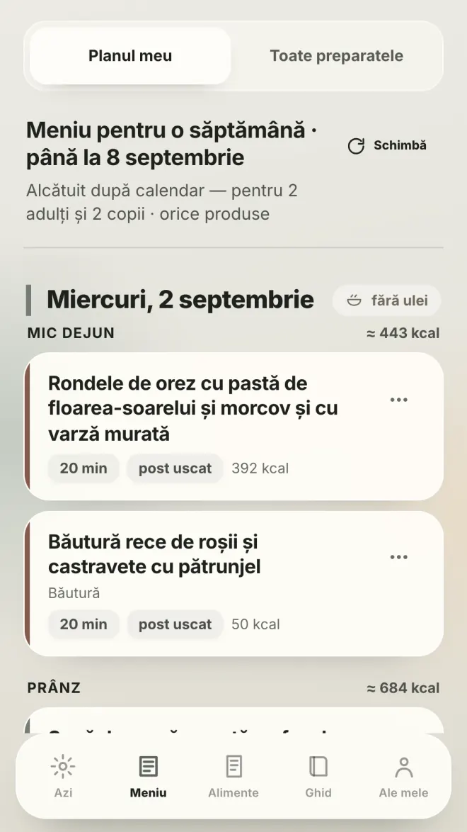 Meniul zilei în aplicația Pist