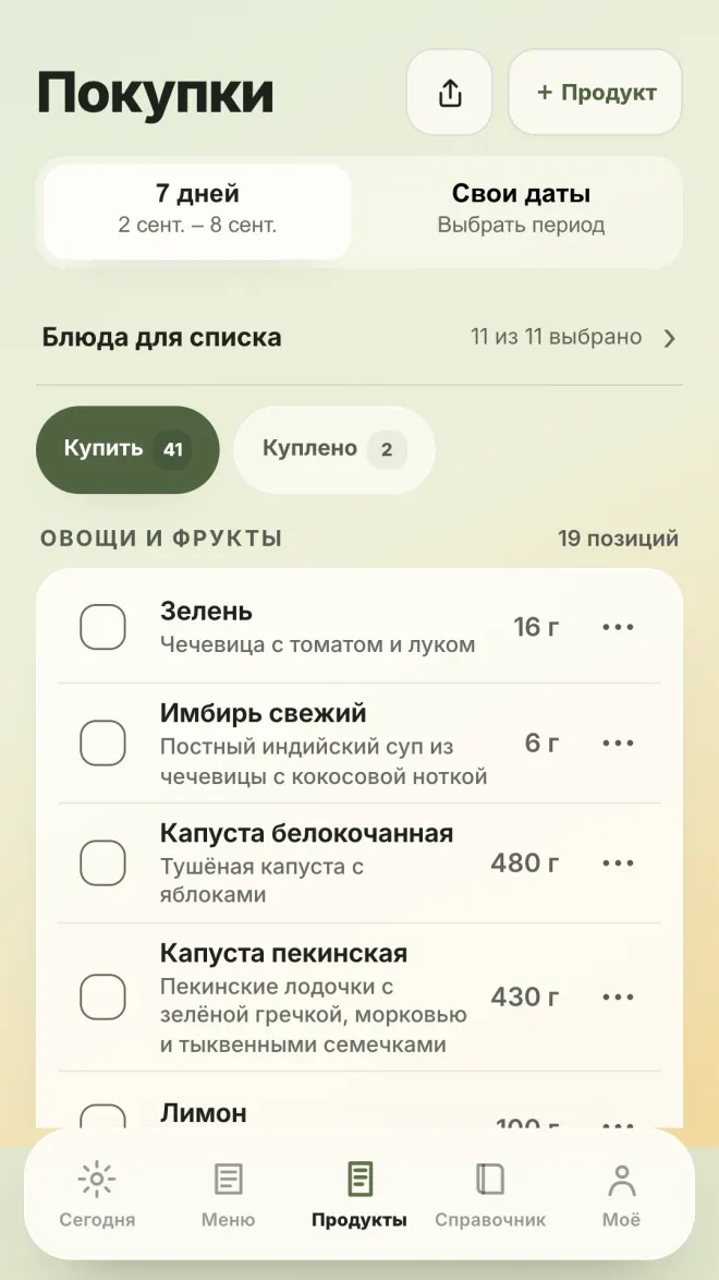 Список покупок в приложении Піст
