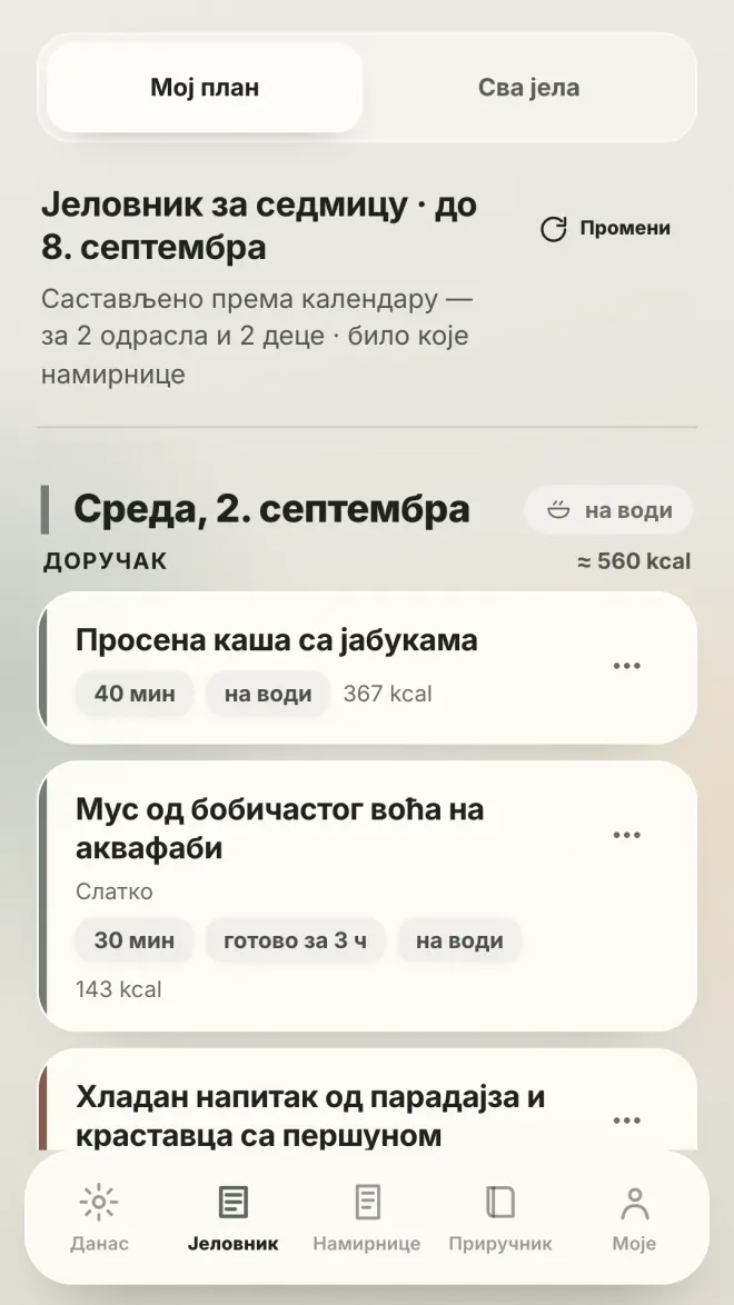 Јеловник за дан у апликацији Пист